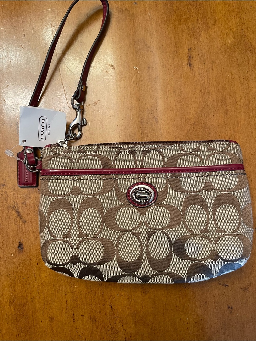 Coach-NWT-Signature Canvas Wristlet in Khaki/Chalk with Ruby Trim